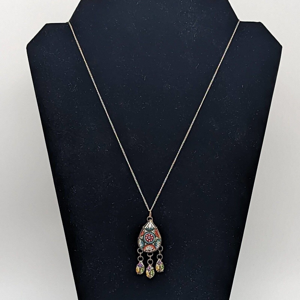 Antique Italian Micro-Mosaic Silver Pendant Lavalier Necklace w Sterling Chain - Picture 4 of 9